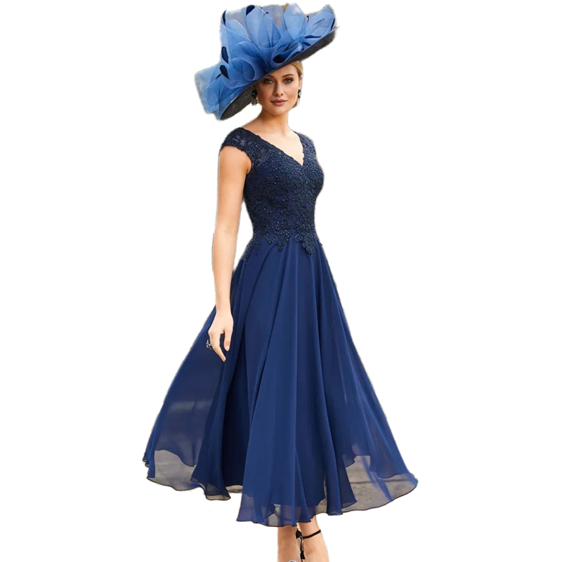 Elegant Tea Length Navy Chiffon Mother Of The Bride Dresses With Embellished Lace Bodice V Neckline Wedding Guest Dress 2024 Groom Mom Prom Party Gown
