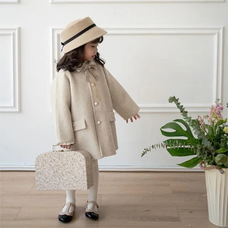 Coat Baby Girl Woolen Bow Tie Jacket Long Pearl Button Warm Infant Toddle Lapel Spring Autumn Winter Outwear Clothes 110Y 231016