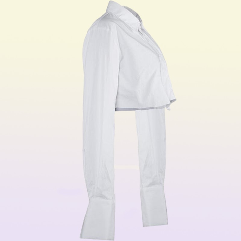 Women039s Blouses Shirts White Croped Tops Women Turndown Collar Long Sleeve Short Shirt Cotton Pocket Design Single Breaste1758564