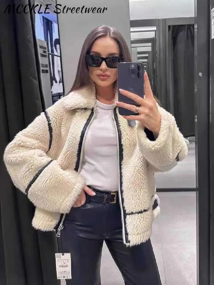 Women's Wool Blends Lamb Wool Women Coat Winter Turn-down Collar Long Sleeve Street Female Short Jacket Zipper Loose Fashion Lady Warm Outwear 23