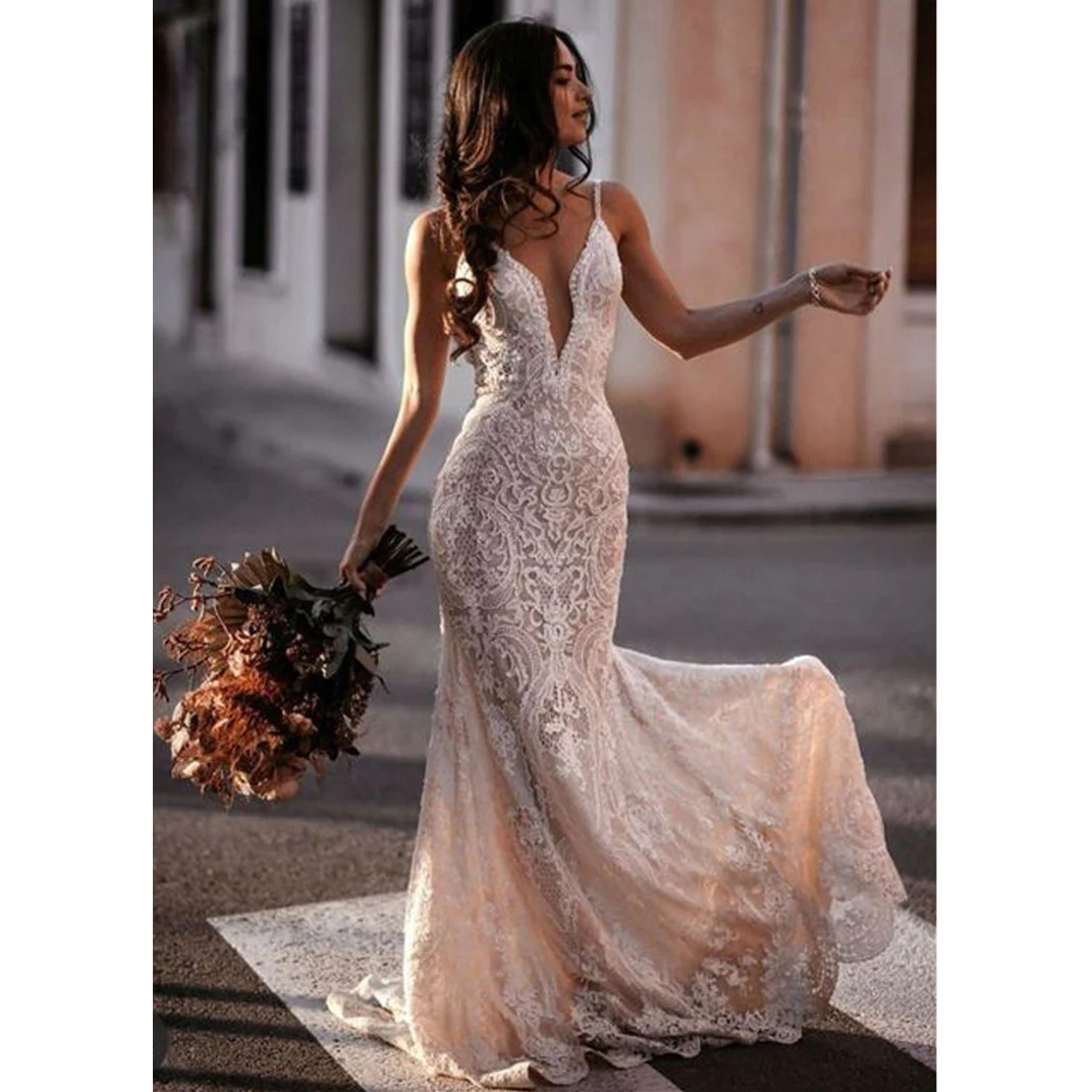 Spaghetti Straps Tulle Sleeveless Illusion Wedding Dress Lace Appliques Bridal Gowns Custom Made Robe de