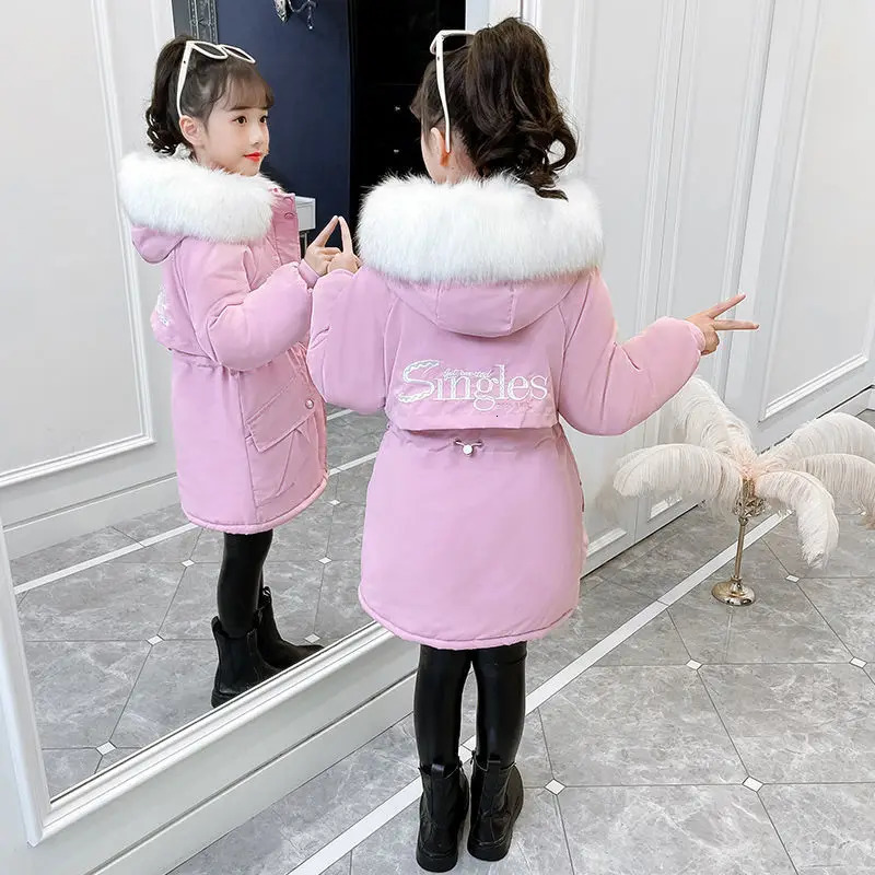 Down Coat Girls Cotton Padded Jacket Overcame The Middle Length Heavy Winter for Child Plush Thicken Parkas Kid Hooded Outerwear 231016