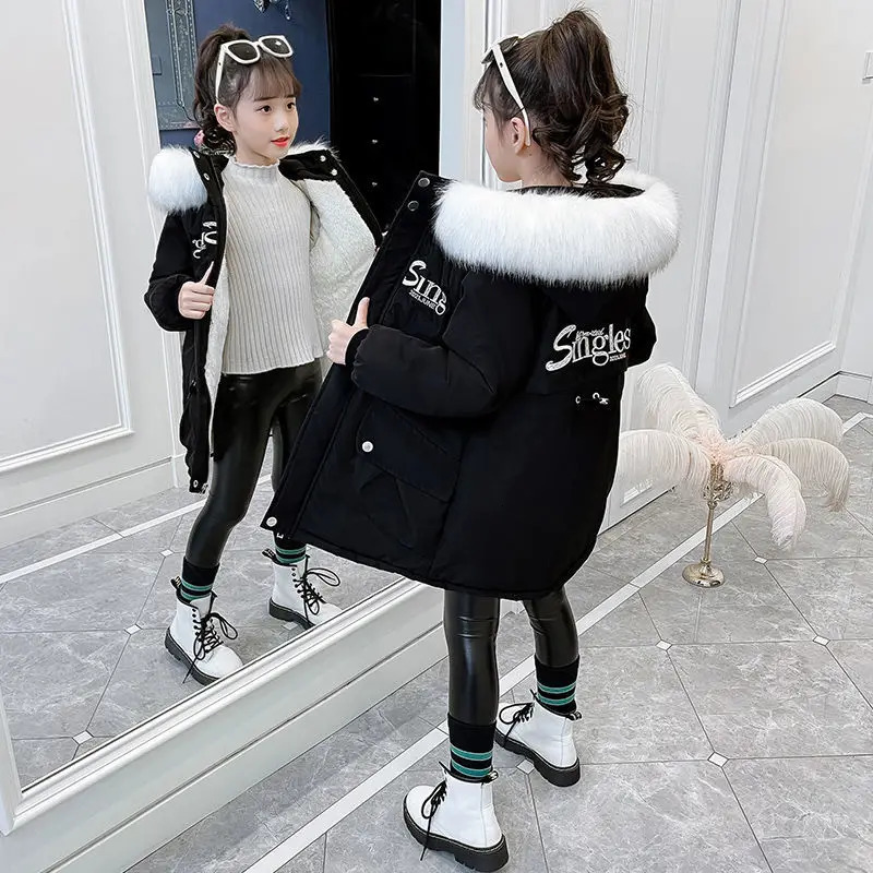 Down Coat Girls Cotton Padded Jacket Overcame The Middle Length Heavy Winter for Child Plush Thicken Parkas Kid Hooded Outerwear 231016