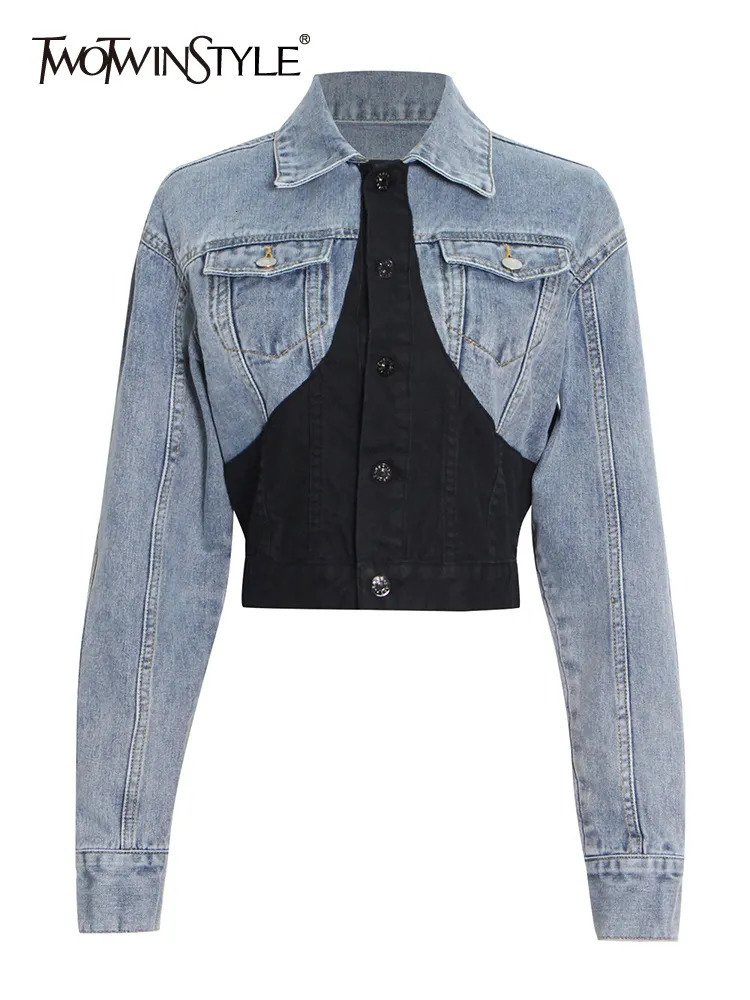 Women s Jackets TWOTWINSTYLE Patchwork Denim Colorblock Jacket Women Lapel Collar Long Sleeve Casual Coats Tops Female Clothing Korean Fashion 231016