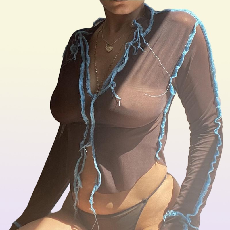 Women039s Blouses Shirts Sexy Mesh See Through Women Crop Tops Pink Black Long Sleeve Transparent Patchwork V Neck Party Club