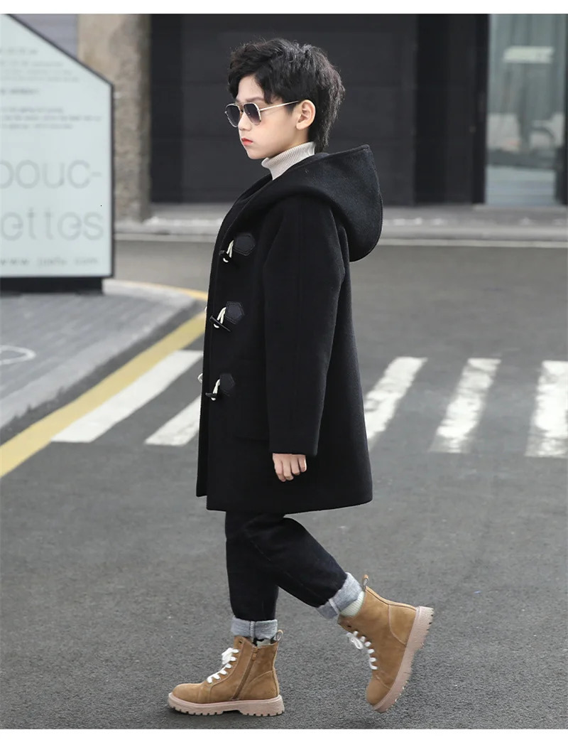 Jackets 2023 Boys Wool Coat Autumn Spring Fashion Hooded Solid SingleBreasted Outerwear Children MidLength Parka 514Y 231013