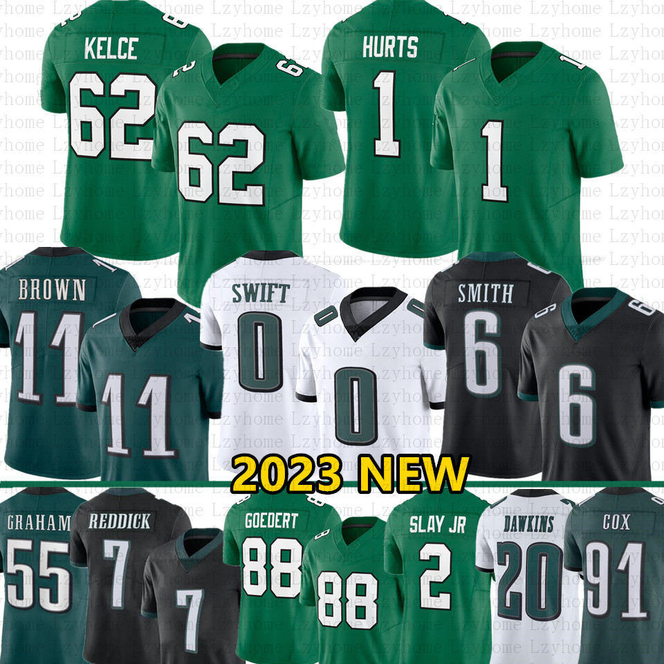 Jason Kelce Jalen Hurts Football Jersey AJ Brown Kelly Green DeVonta Smith Brian Dawkins Nolan Haason Reddick Darius Slay D'Andre Swift Goedert Mailata Reggie White