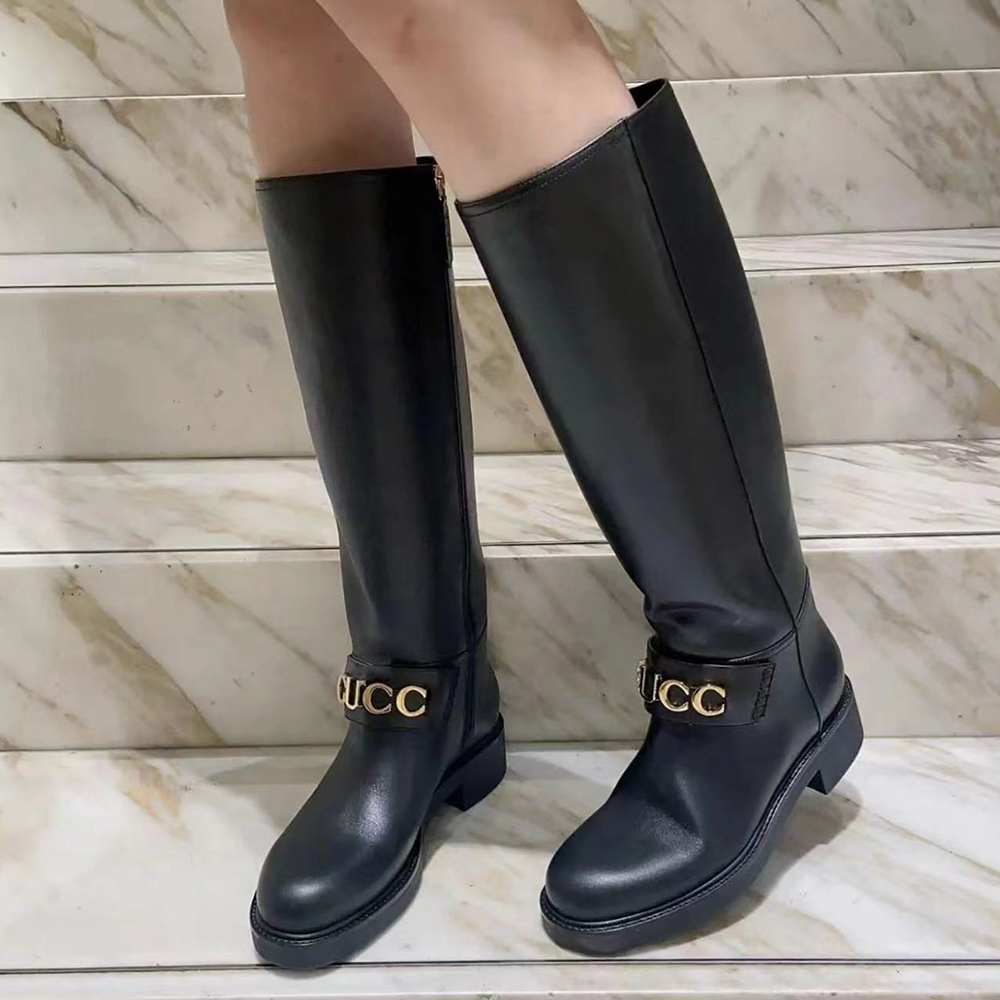 Full Grain Leather low heel Knee-High Boots calfskin round toe Letter buckle side zipper Knight booties women's outdoor shoes luxury designers Flat shoes