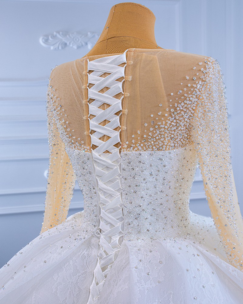 2024 Arabic Dubai Wedding Dresses for Women Long Sleeve Illusion Beads Crystal Lace Bridal Gowns Customed Vestidos De Noiva