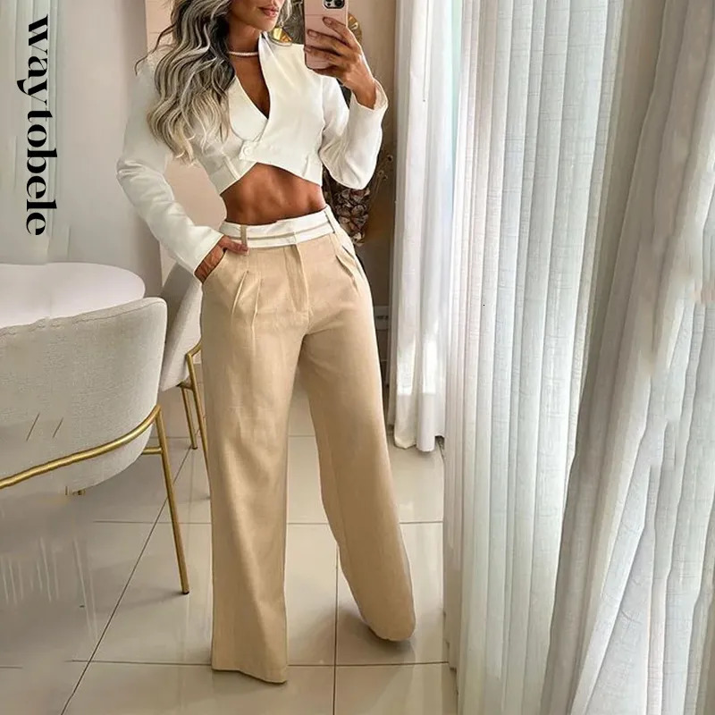 Women s Tracksuits Waytobele Women Two Piece Set Fashion Solid Long Sleeve Lapel V Neck High Single Button Short Top Loose With Pockets Pants Sets 231