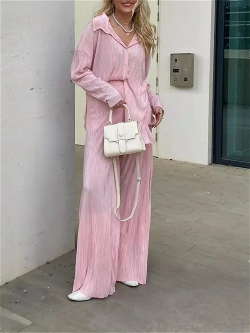Women s Tracksuits wsevypo Women Pleated 2 Piece Pants Sets Spring Summer Streetwear Long Sleeve Button Down Shirt Straight Leg Loose Outfits 231016