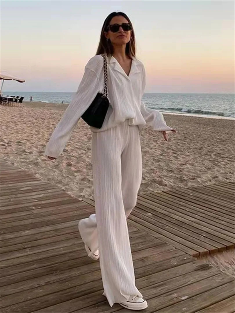 Women s Tracksuits wsevypo Women Pleated 2 Piece Pants Sets Spring Summer Streetwear Long Sleeve Button Down Shirt Straight Leg Loose Outfits 231016