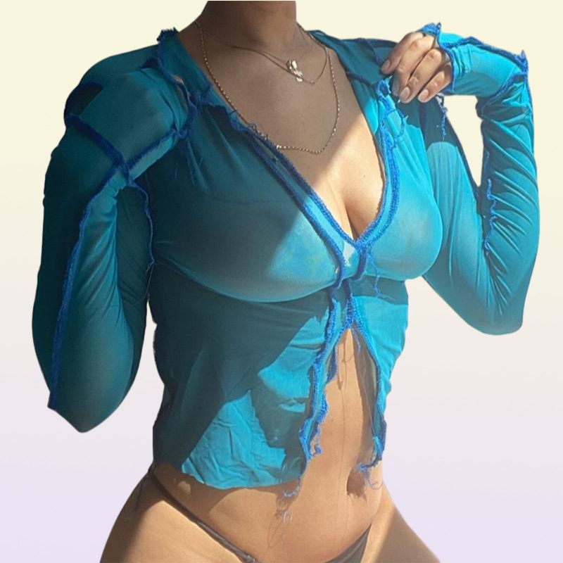 Women039s Blouses Shirts Sexy Mesh See Through Women Crop Tops Pink Black Long Sleeve Transparent Patchwork V Neck Party Club