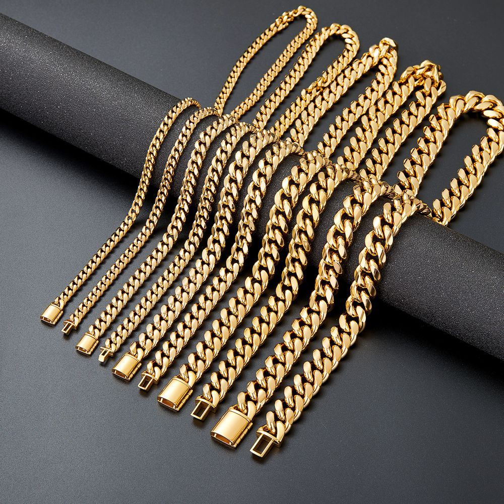 6mm-14mm Hip Hop 316L Stainless Steel Miami Cuban Link Chain 18K Real Gold Plated High Polished Mens Necklace Jewelry Gold Color