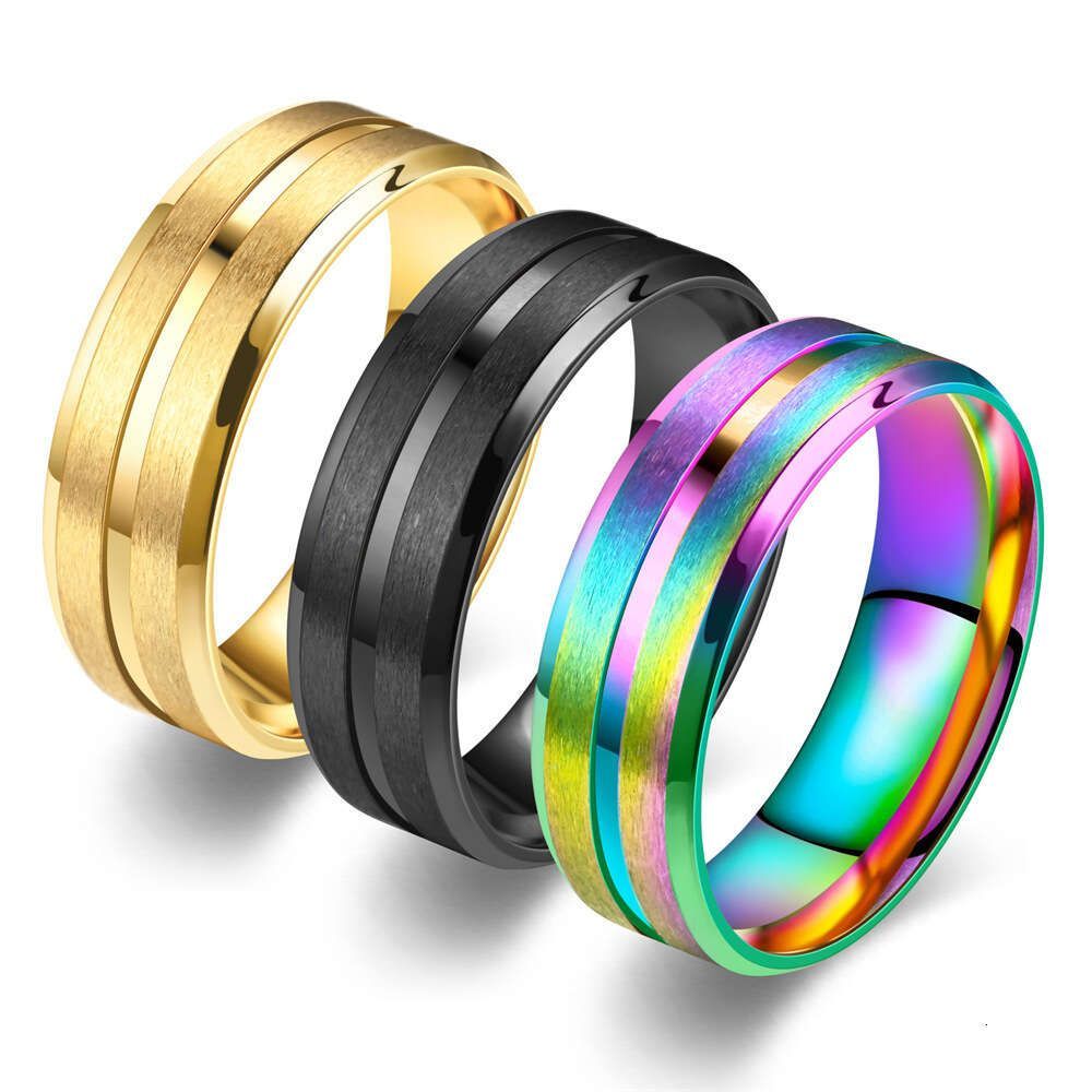 8mm New Fashion Finger Rings Center Groove Frosted Men's Stainless Steel Ring Minimalist Accessory Gold For Women Anillos Vintage Wolf Tide Jewel