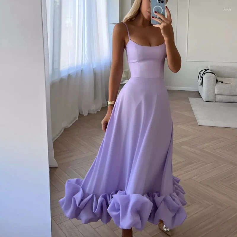 Casual Dresses Sexy Suspender Backless Women Party Long Dress Fashion Sleeveless Big Hem Ruffle Ladies Elegant O-neck Solid Slim