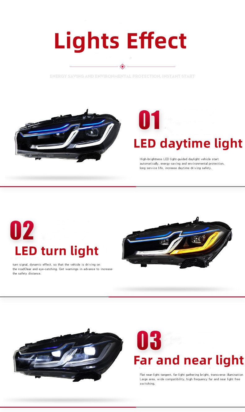Car Front Lamp for BMW X5 X6 2014-20 18 Headlights Assembly F15 Modified LED Blue Eyebrow Daylight Turn Signal Headlamp