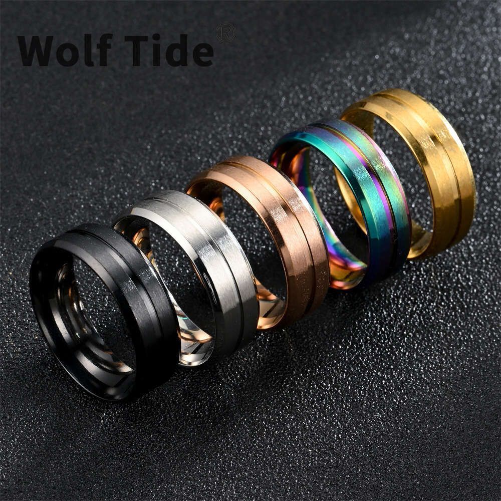 8mm New Fashion Finger Rings Center Groove Frosted Men's Stainless Steel Ring Minimalist Accessory Gold For Women Anillos Vintage Wolf Tide Jewel