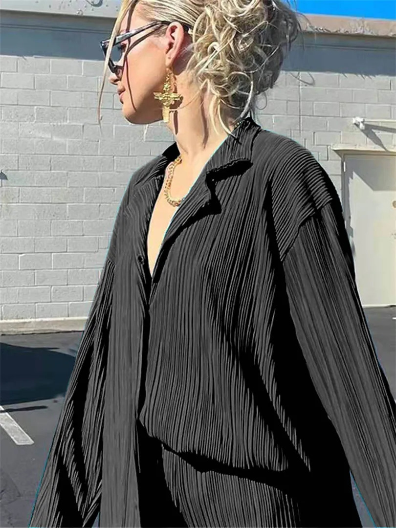 Women s Tracksuits wsevypo Women Pleated 2 Piece Pants Sets Spring Summer Streetwear Long Sleeve Button Down Shirt Straight Leg Loose Outfits 231016