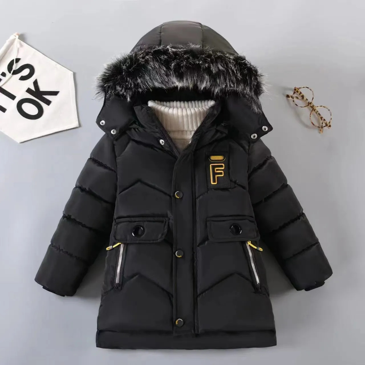 Jackets 2023 Style Winter Keep Warm Boys Jacket Letter F Fashion Lining With Plush Fur Collar Hooded Heavy Coat For Kids 231016