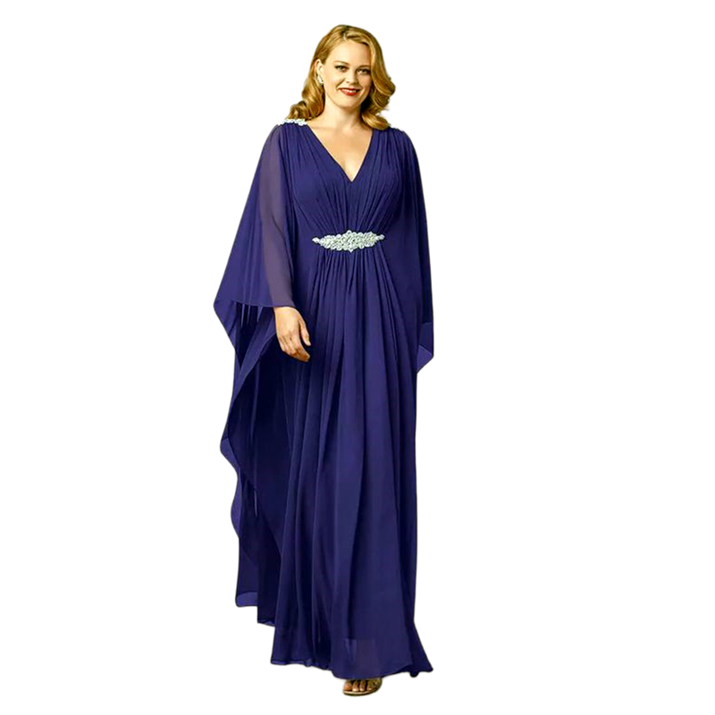 Navy Blue Chiffon Mother Of The Bride Dresses Batwing Sleeves V-Neck Empire Waist Plus Size Wedding Party Dress For Women 2024 Groom Mom Long Prom Gow