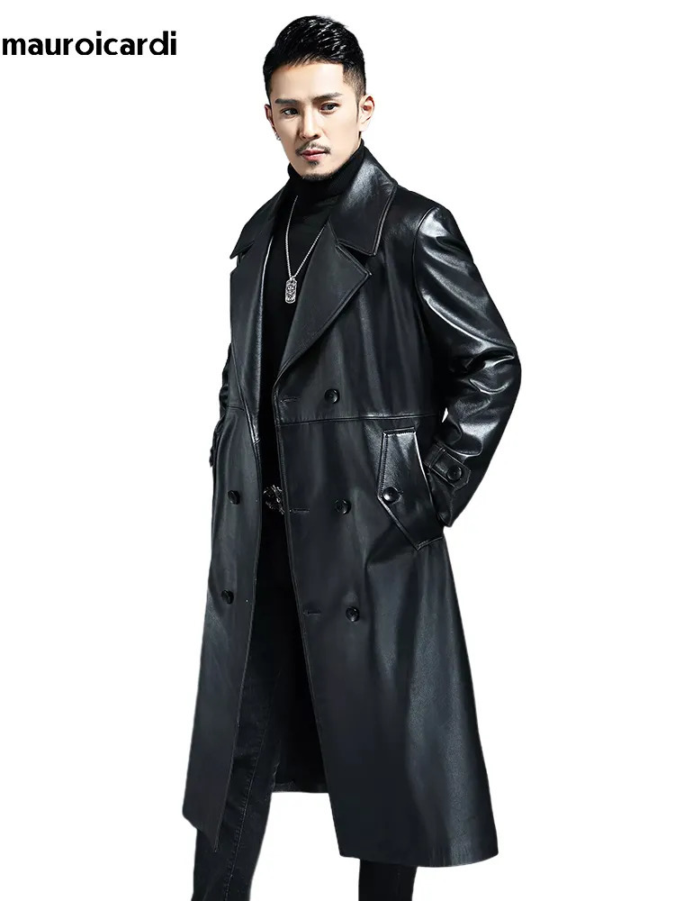 Men s Trench Coats Mauroicardi Spring Autumn Long Cool Waterproof Black Pu Leather Coat Men Double Breasted Plus Size Outerwear 4xl 5xl 231016
