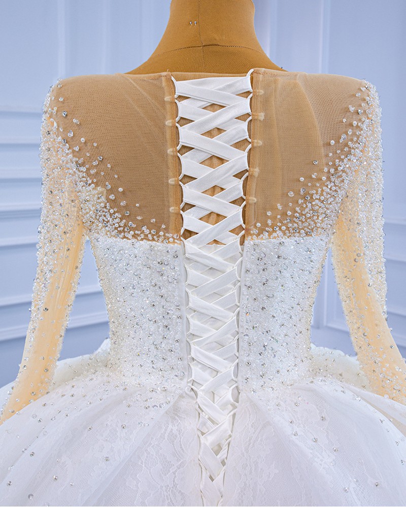 2024 Arabic Dubai Wedding Dresses for Women Long Sleeve Illusion Beads Crystal Lace Bridal Gowns Customed Vestidos De Noiva