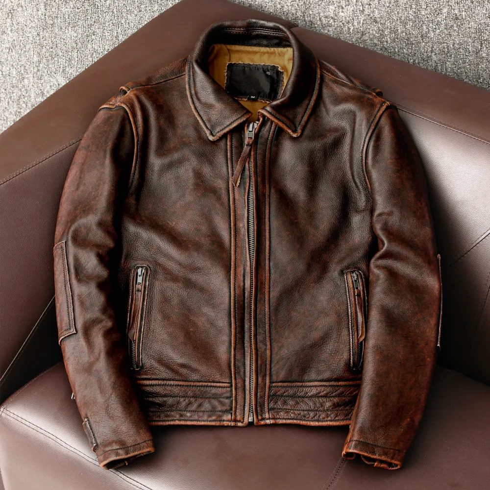 Men s Jackets Style Genuine Leather Jacket Vintage Brown Cowhide Coat Men Slim Fashion Biker Asian Size 6XL Factory Drop 231016