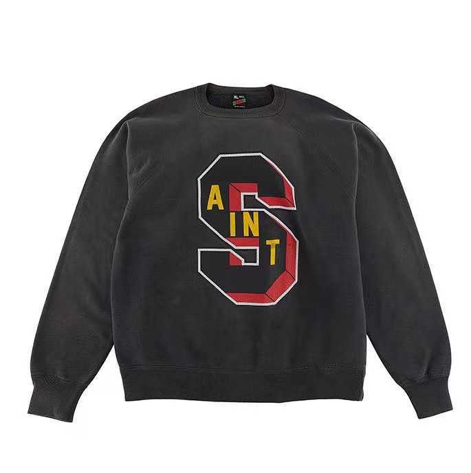 Saint Michael 23fw Washed Old Embroidery Letter Round Neck Sweater High Street Fashion Brand Sweatshirt