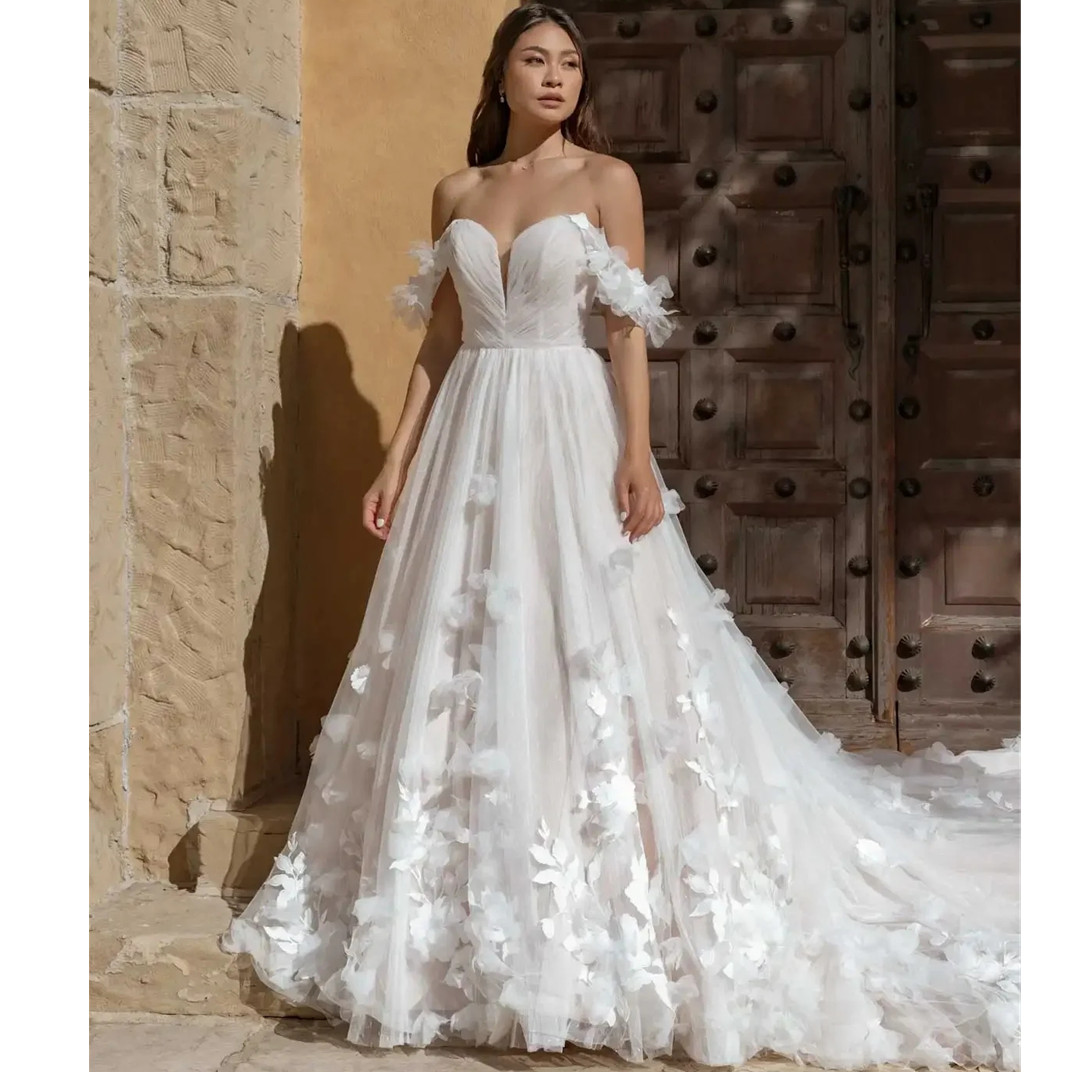 Floral Ball Gown Wedding Dress With 3D Flowers And Off the Shoulder Bridal Gowns Straps Sweetheart Made Custom