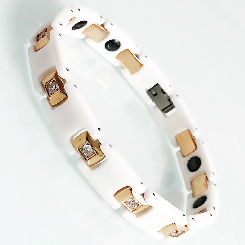 Chain Health Care Magnetic Therapy Bracelets For Women White Ceramic Rose Gold Plated Stainless Steel Bracelet Men CZ Jewelry 231016