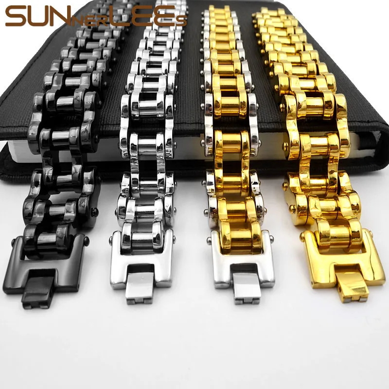 Chain SUNNERLEES 316L Stainless Steel Bracelet Bangle Biker Bicycle Motorcycle Link Silver Color Gold Plated Men Boy BC01 231016