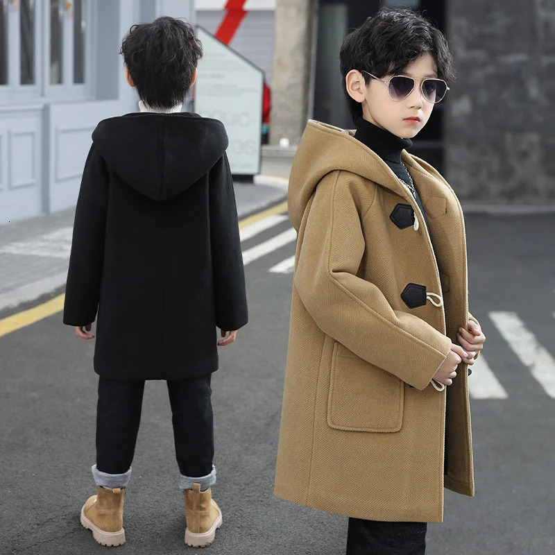 Jackets 2023 Boys Wool Coat Autumn Spring Fashion Hooded Solid SingleBreasted Outerwear Children MidLength Parka 514Y 231013