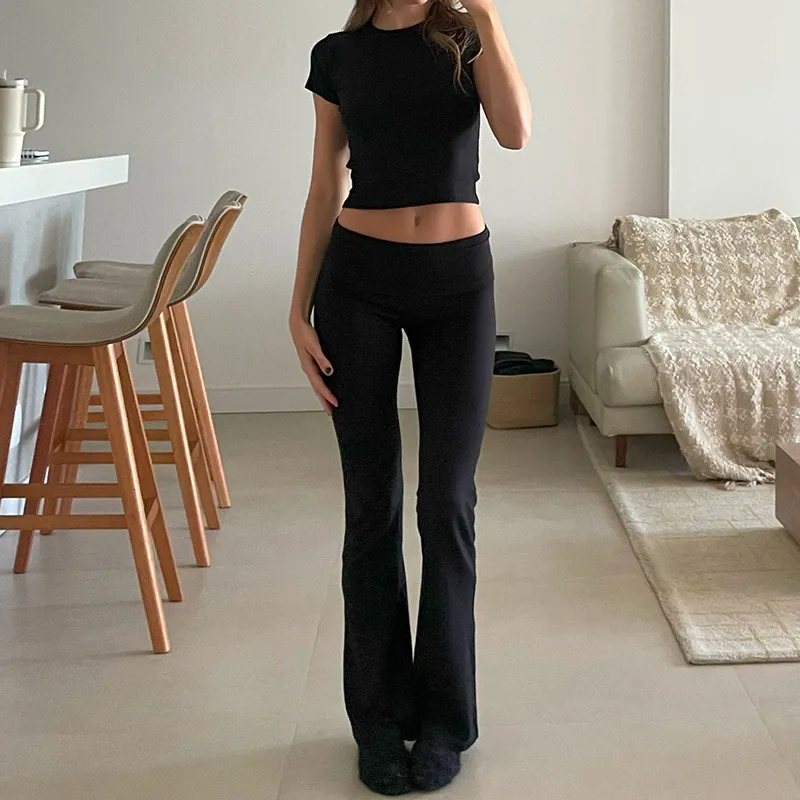 Women's Two Piece Pants Women Casual Slim Fit 2 Piece Set Short Sleeve Crop Tops Pants Elegant Matching Suit Vintage Y2K Rib Knitted T-shirt Outf