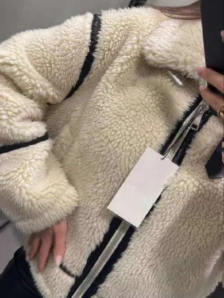 Women's Wool Blends Lamb Wool Women Coat Winter Turn-down Collar Long Sleeve Street Female Short Jacket Zipper Loose Fashion Lady Warm Outwear 23