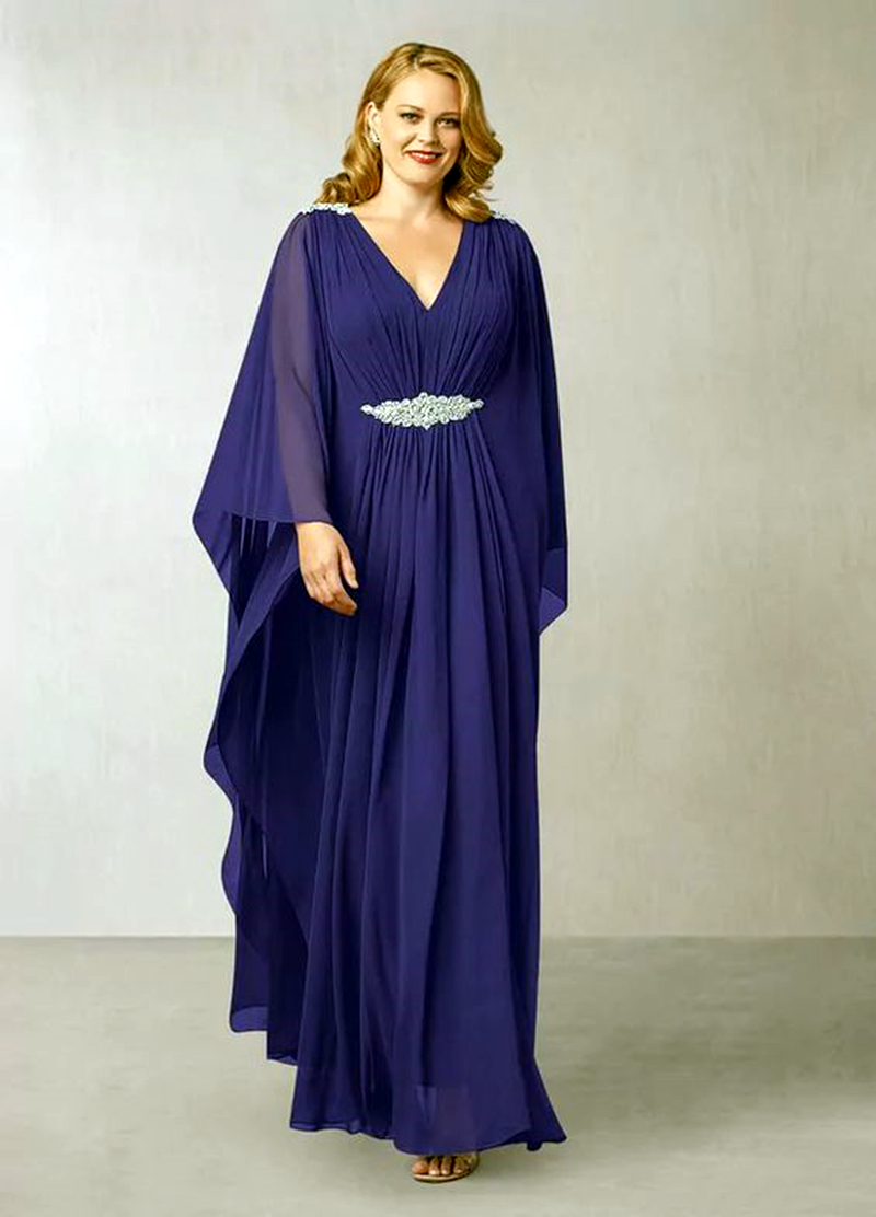 Navy Blue Chiffon Mother Of The Bride Dresses Batwing Sleeves V-Neck Empire Waist Plus Size Wedding Party Dress For Women 2024 Groom Mom Long Prom Gow
