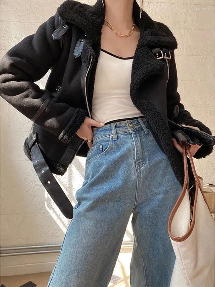 Women's Faux Shearg Sheepskin Leather Jacket Brown Motorcycle Outwear Thick Warm Suede Lamb B4