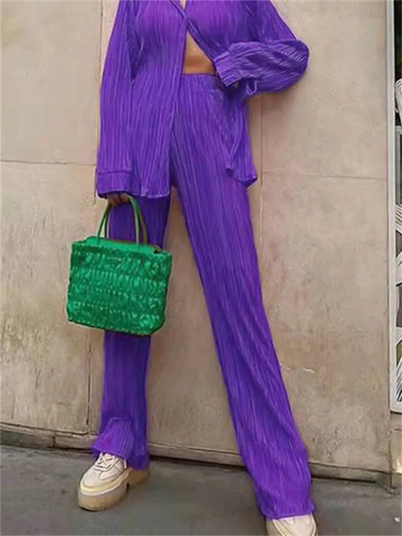 Women s Tracksuits wsevypo Women Pleated 2 Piece Pants Sets Spring Summer Streetwear Long Sleeve Button Down Shirt Straight Leg Loose Outfits 231016