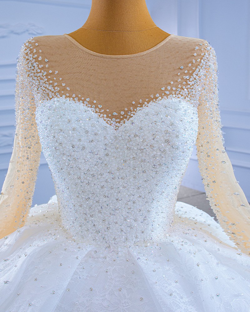 2024 Arabic Dubai Wedding Dresses for Women Long Sleeve Illusion Beads Crystal Lace Bridal Gowns Customed Vestidos De Noiva