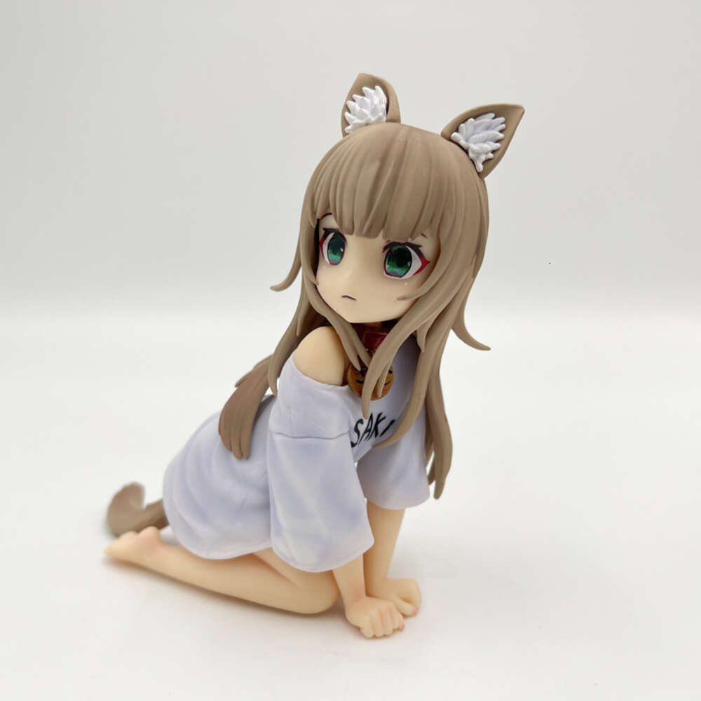 Finger Toys 12cm Golden Head My Cat is A Kawaii Girl Anime Figure Hobby Sakura Soybean Flour Sit and Eat Fish Collectible Model Doll Toys
