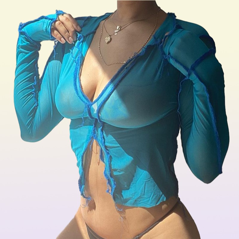 Women039s Blouses Shirts Sexy Mesh See Through Women Crop Tops Pink Black Long Sleeve Transparent Patchwork V Neck Party Club