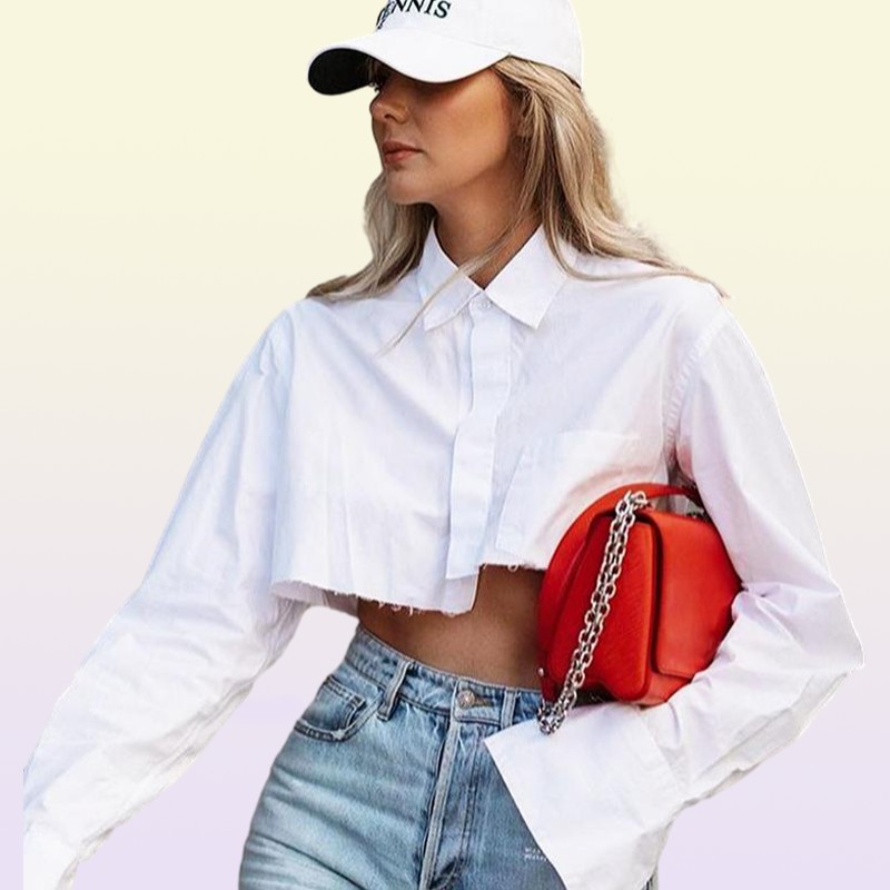 Women039s Blouses Shirts White Croped Tops Women Turndown Collar Long Sleeve Short Shirt Cotton Pocket Design Single Breaste1758564