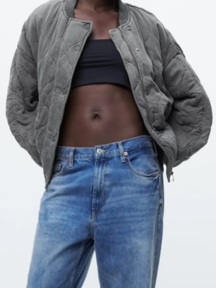 Womens Down Parkas Grey Stand Collar Zipper Women Bomber Cotton Coat Lantern Sleeve Oversized Loose Pocket Jacket Autumn Winter Chic Outwears 231016