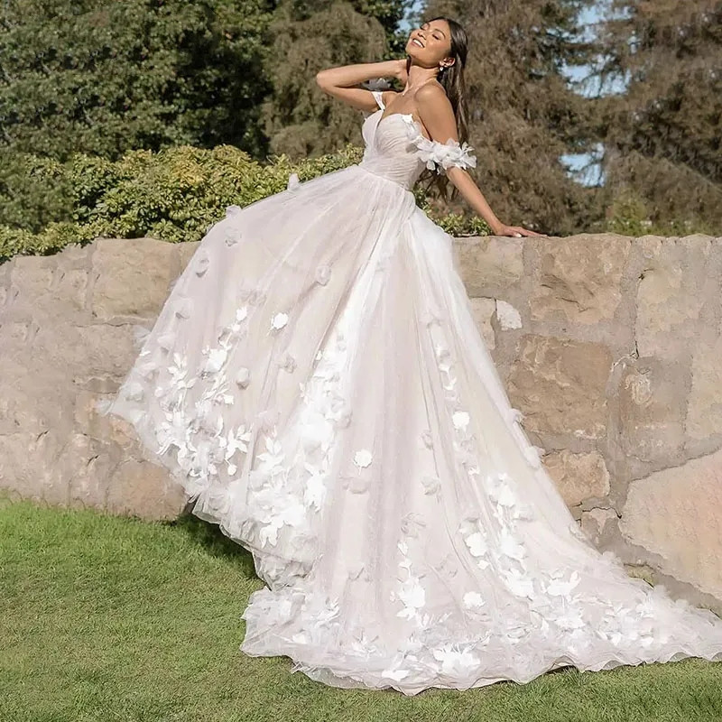 Floral Ball Gown Wedding Dress With 3D Flowers And Off the Shoulder Bridal Gowns Straps Sweetheart Made Custom