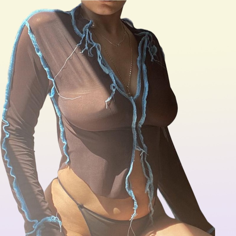 Women039s Blouses Shirts Sexy Mesh See Through Women Crop Tops Pink Black Long Sleeve Transparent Patchwork V Neck Party Club