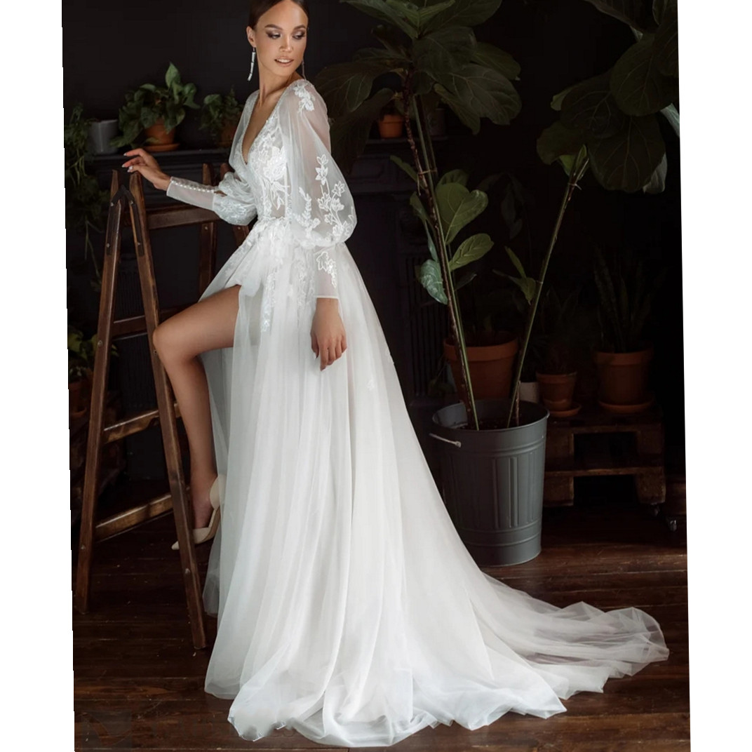 Long Sleeves V Neck Wedding Dress Side Split Lace Appliques Bridal Gowns Sweep Train Robe De