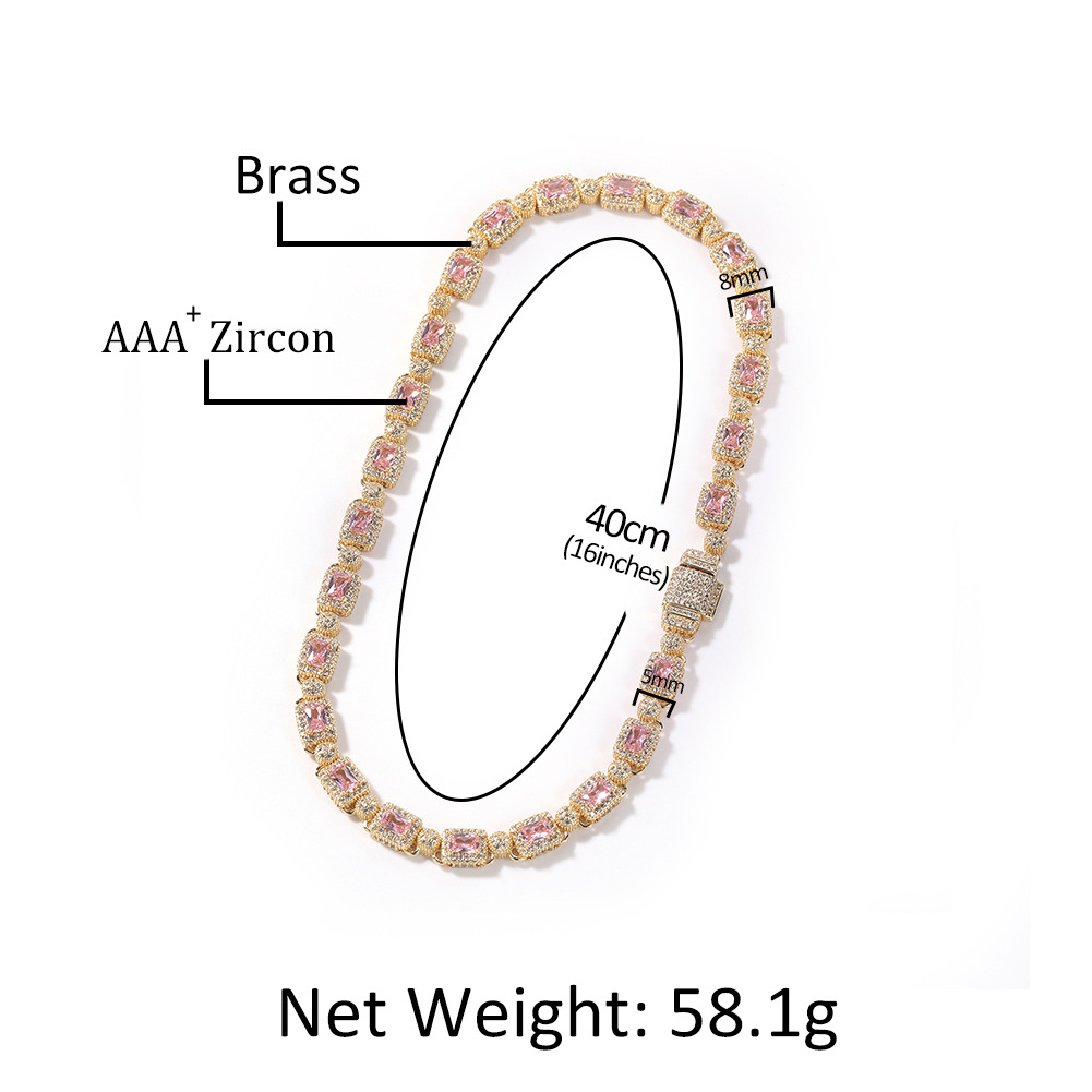 Hip Hop Tennis Chain Necklace Bracelet White Pink Zirocn 18k Gold Plated Men Women Lover Couple Jewelry