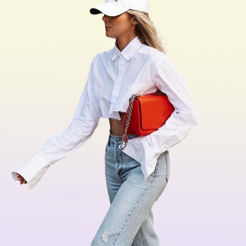 Women039s Blouses Shirts White Croped Tops Women Turndown Collar Long Sleeve Short Shirt Cotton Pocket Design Single Breaste1758564