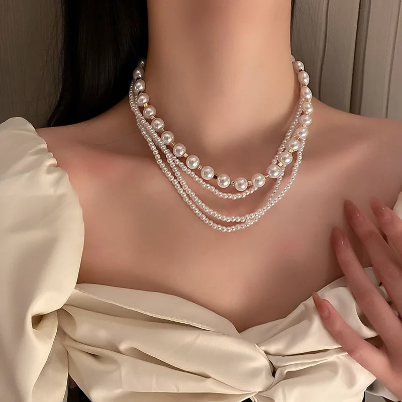 Chokers Multilayer Pearl Choker Necklaces for Women Short Geometric Crystal Necklace Vintage Weddings Bride Jewelry 231016
