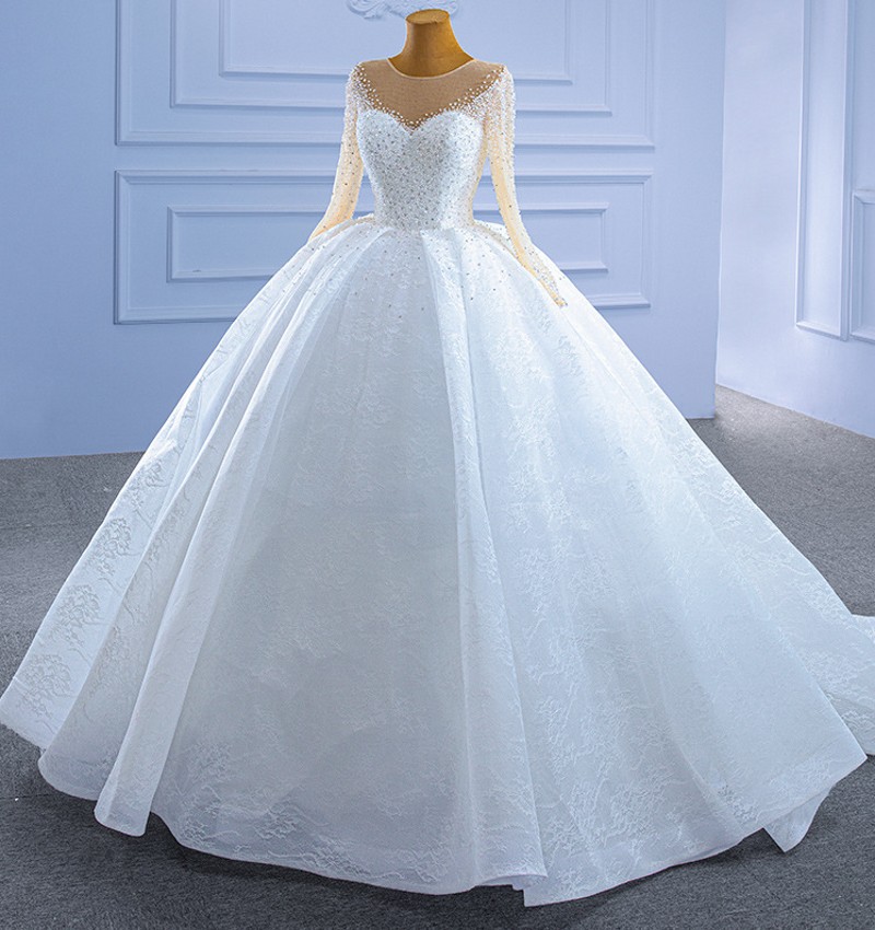 2024 Arabic Dubai Wedding Dresses for Women Long Sleeve Illusion Beads Crystal Lace Bridal Gowns Customed Vestidos De Noiva